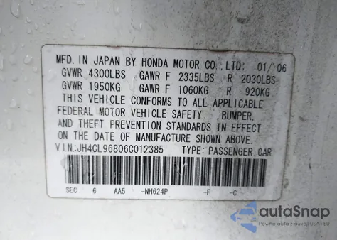 2006 Acura Tsx from USA, damaged, VIN JH4CL96806C012385